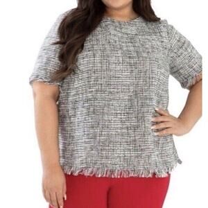 Maree Pour Toi Tweed Top Size 14 Black White Gold Fringed Corporate NWT